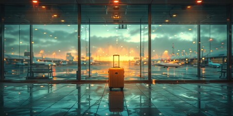Lone suitcase in an airport. Concept of new travel and vacation destinations