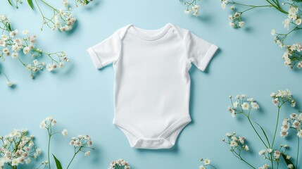 Blank white cotton baby short sleeve bodysuit on pastel blue background with white flowers. Infant onesie mockup. Gender neutral newborn bodysuit template mock up. Top view