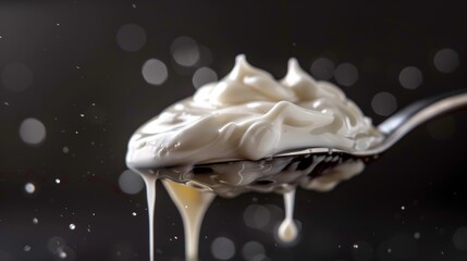 Spoon with dripping white cream for dairy product packaging design