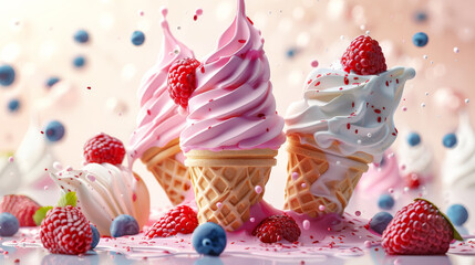 Realistic soft fruit ice cream cones with splash and berries. Sweet frozen creamy dessert...