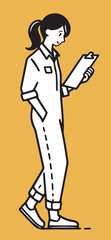 A woman in a professional outfit, holding a clipboard or notepad, observing, documenting, or analyzing something