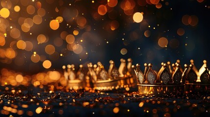 Three gold shiny crowns on festive background. Three Kings day or Epiphany day holiday celebration night background 