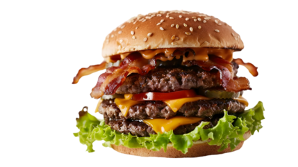  A towering double-patty cheeseburger with two layers of cheddar cheese, bacon, and crispy lettuce, transparent background