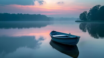 Boat on Tranquil Lake at Sunrise