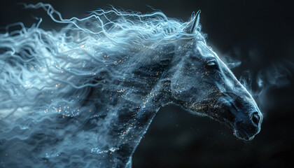 A black horse with a mane of blue energy. Generated by AI.