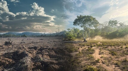 Fototapeta premium A landscape with deforestation and barren land on the left, and a reforested area with healthy trees and wildlife on the right.
