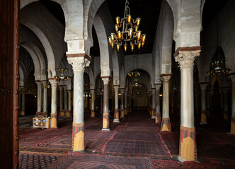 Internal view of the Mosque of Uqba - the masterpieces of Islamic architecture in Tunisia