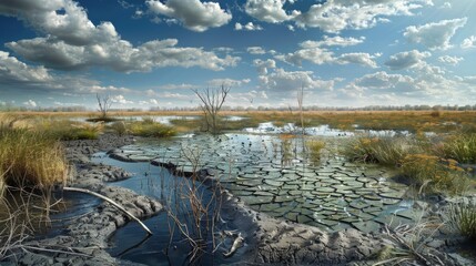 A landscape with dried-up wetlands and no wildlife, and a restored wetland with diverse plant and animal life.