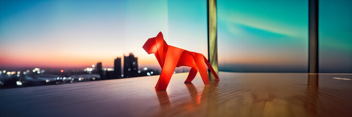 origami tiger silhouette on office desk window city view