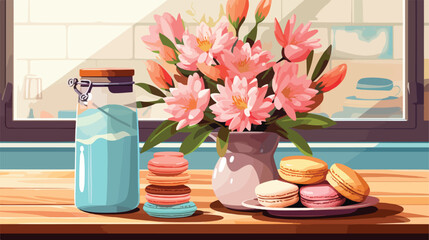 Vase with beautiful flowers and macarons on wooden