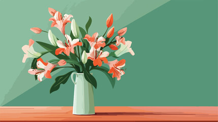 Vase with bouquet of alstroemeria flowers on green