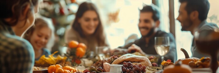 Blurred photo of a family enjoying Thanksgiving dinner with warm autumn tones