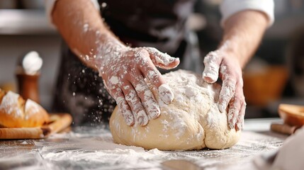 baker kneads dough on a floured surface, preparing it for baking fresh bread, 1/2 free space for...