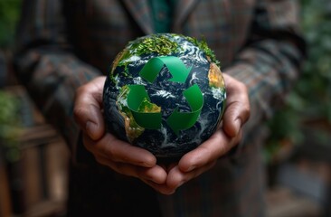 Businessman holding a virtual Earth globe promoting recycling and environmental responsibility