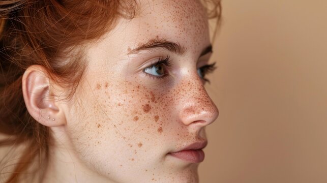 Young woman's profile displaying vitiligo spots on her skin against a plain background