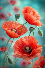 Picturesque sunset field with vibrant red poppy flowers, stunning nature background