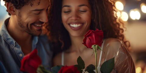 Smiling couple in an intimate setting as a man presents a woman with a red rose symbolizing romance and affection