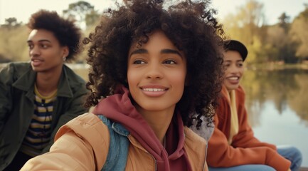 Happy friends taking a selfie, diverse young people smiling and having fun together in a nature. A black woman looking at the camera while sitting in a group near a lake. generative AI