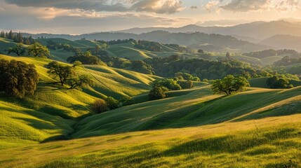 Rolling hillsides bathed in the soft light of evening, where the colors of sunset blend with the verdant landscape in a tranquil scene.
