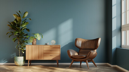 Room With Chair and Plant in Front of Blue Wall