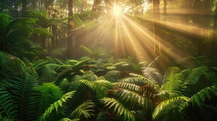 Sunbeams filtering through the dense canopy of a lush forest, casting a warm glow on the...