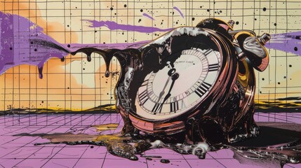Abstract clock dripping paint on a purple and black background