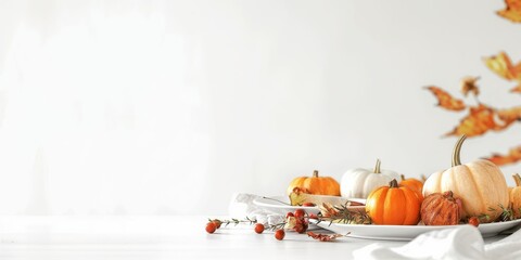 Pumpkins with fall leaves on white table setting for a Thanksgiving theme