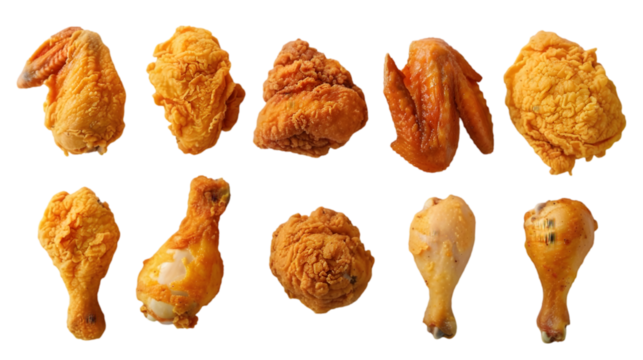  A variety of fried chicken pieces, including tender drumsticks and wings, transparent background - Powered by Adobe