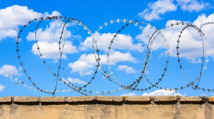 Barbed wire stretches along the top of a sturdy concrete fence wall for enhanced security