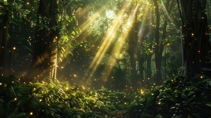 Sunbeams filtering through the dense foliage of an ancient forest, illuminating the forest floor with patches of warm light, and creating a magical ambiance.