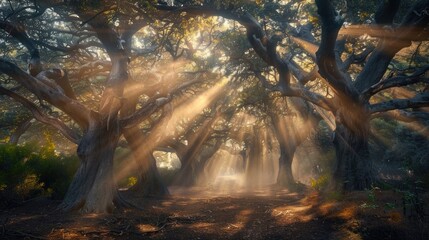Sunbeams filtering through the branches of ancient trees, casting a mesmerizing pattern of light...