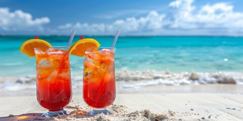 Obraz premium Refreshing tropical beach scene with two colorful ice cocktails against turquoise ocean backdrop symbolizing relaxation, summer vacations, leisure, travel, holiday fun. Copy space.