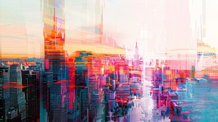 Abstract futuristic cityscape with glitch effect for technology or urban themed designs