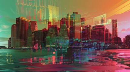 Abstract futuristic cityscape with glitch effect for technology or urban themed designs