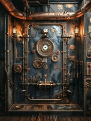 The image is a steampunk style door with a lot of copper pipes and rivets.