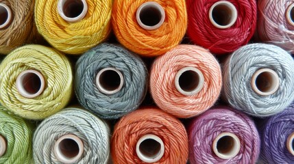 Diverse selection of colorful cotton thread spools for sewing and embroidery projects