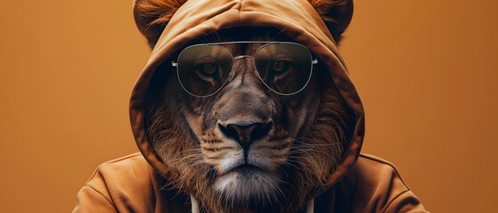 lion with cool and dark sunglasses and a hoodie, beige background