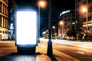 Blank Illuminated Advertising Billboard on a Bustling Night Street, Perfect for Marketing and Promotion in a Modern Urban Setting