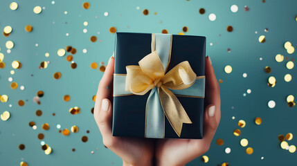 Hands Holding a Beautifully Wrapped Gift Box with a Golden Bow, Surrounded by Sparkling Confetti on a Blue Background