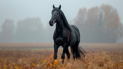 an image of a beautiful wild horse with a beautiful posture, standing in a field, beautiful landscape.
