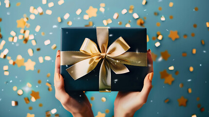 Hands Holding a Beautifully Wrapped Gift Box with a Golden Bow, Surrounded by Sparkling Confetti on a Blue Background