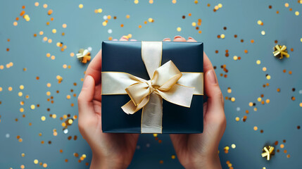 Hands Holding a Beautifully Wrapped Gift Box with a Golden Bow, Surrounded by Sparkling Confetti on a Blue Background