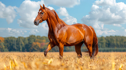 an image of a beautiful wild horse with a beautiful posture, standing in a field, beautiful landscape.