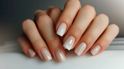 Close-Up of a Hand with Perfectly Manicured Nude-Colored Nails, Showcasing Elegance and Beauty in a Simple, Minimalistic Style