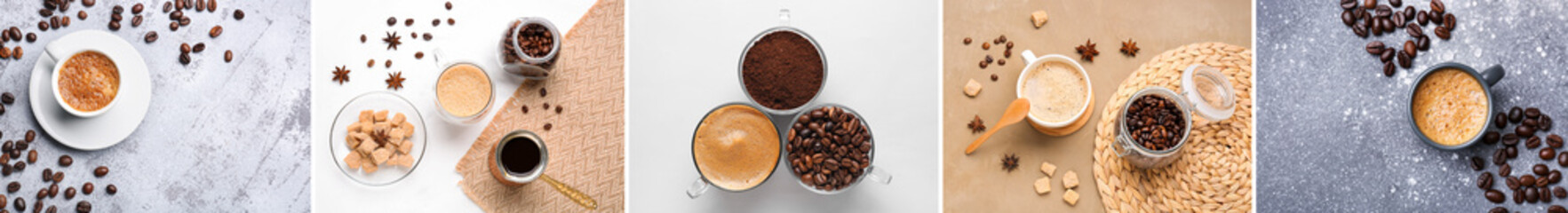 Collage of hot coffee and beans, top view