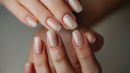 Close-Up of a Hand with Perfectly Manicured Nude-Colored Nails, Showcasing Elegance and Beauty in a Simple, Minimalistic Style