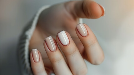 Close-Up of a Hand with Perfectly Manicured Nude-Colored Nails, Showcasing Elegance and Beauty in a Simple, Minimalistic Style