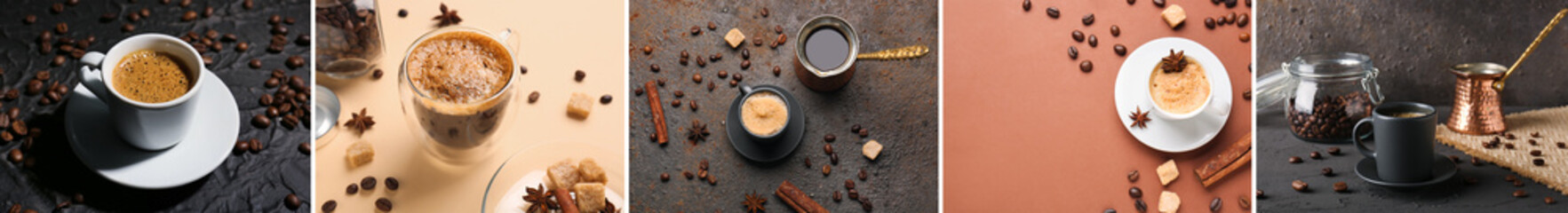 Collage of hot coffee and beans