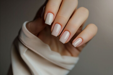 Close-Up of a Hand with Perfectly Manicured Nude-Colored Nails, Showcasing Elegance and Beauty in a Simple, Minimalistic Style