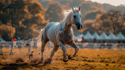 an image of a beautiful wild horse with a beautiful posture, standing in a field, beautiful landscape.